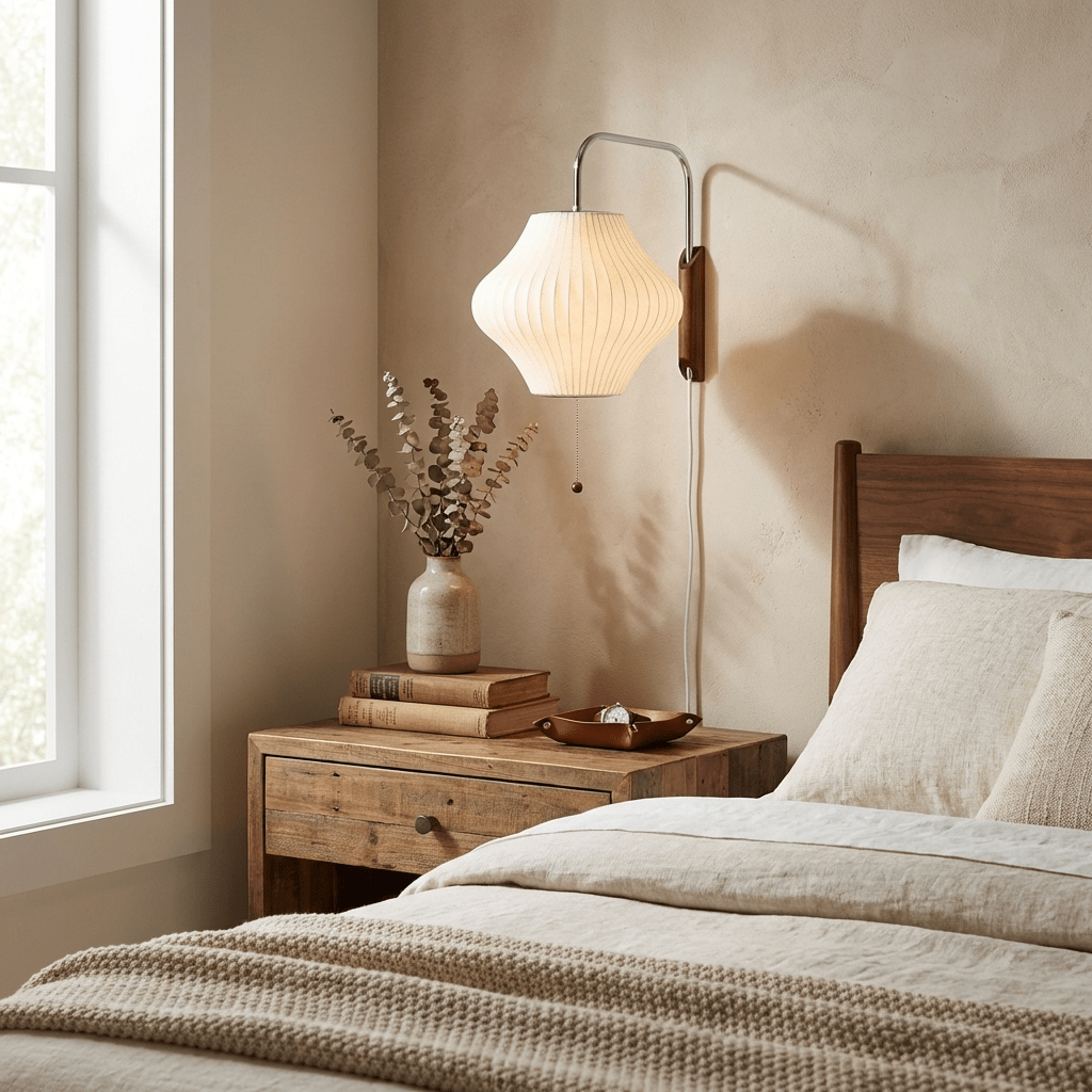White ball wall sconce detail showing pull cord and chrome fitting