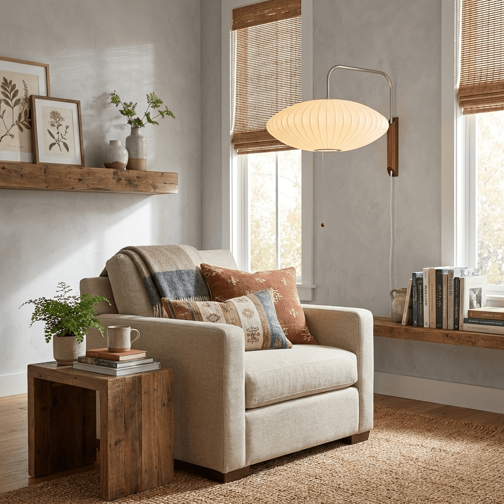White wall sconce sphere with walnut accent and inline cord switch