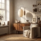 White sphere wall sconce mounted at reading height on bedroom wall