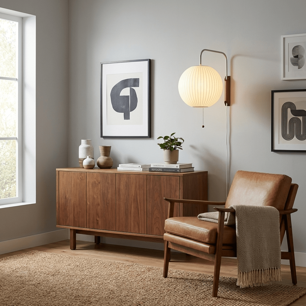 Round white wall sconce glowing in a dim styled living space
