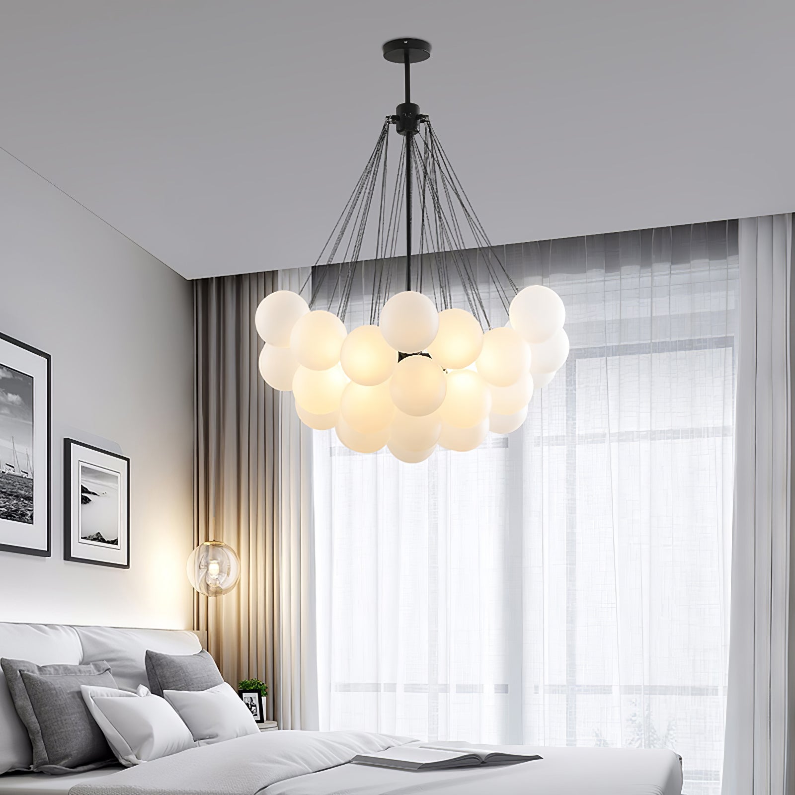 Frosted Glass Globe Bubble Chandelier, Gold, Black or Chrome, 19 to 73 Heads