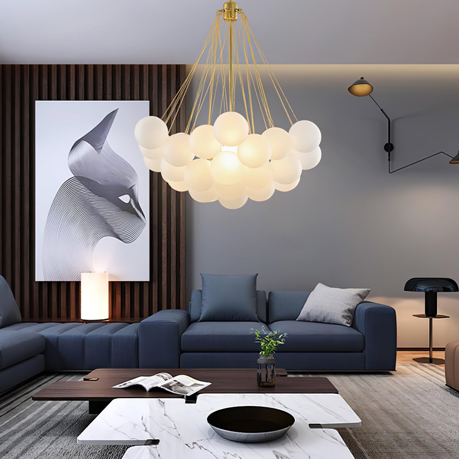 Frosted Glass Globe Bubble Chandelier, Gold, Black or Chrome, 19 to 73 Heads