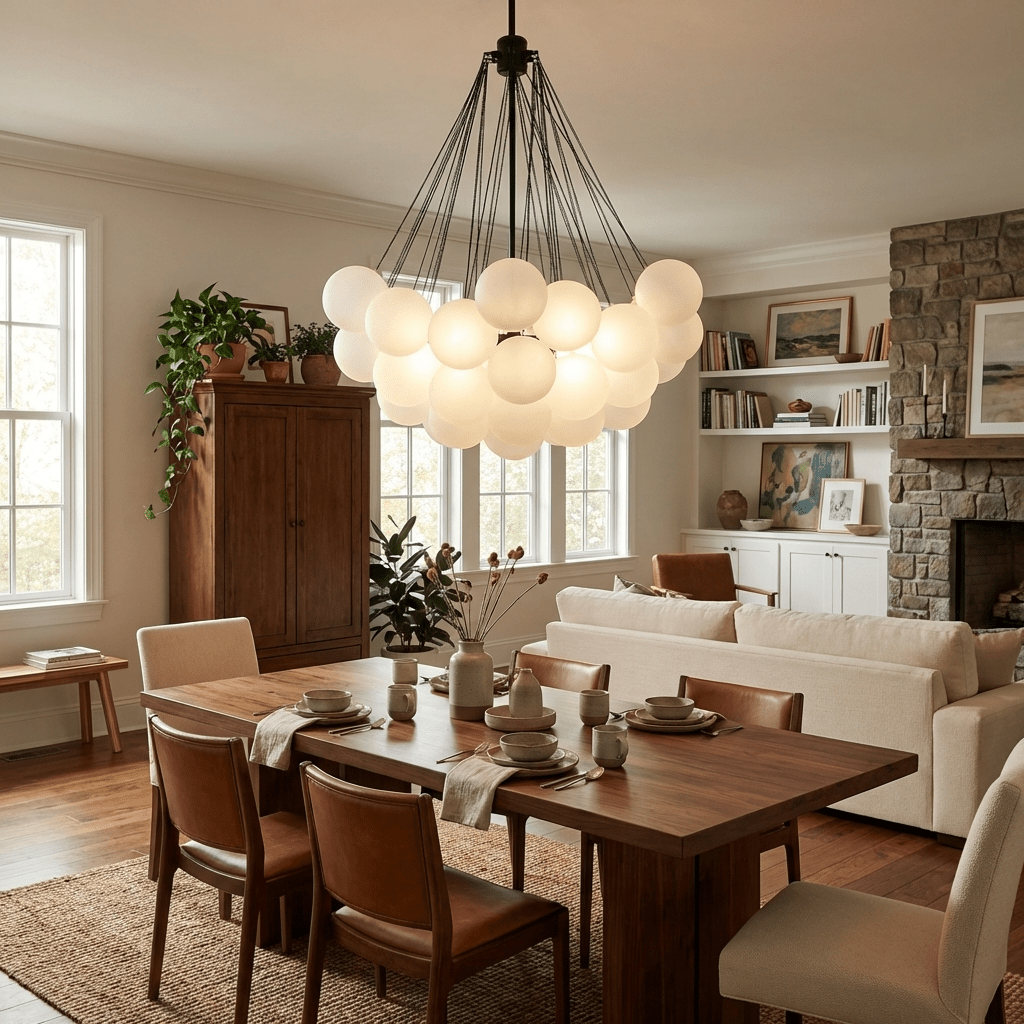 Cluster of hand-frosted glass globes lit as a cloud chandelier