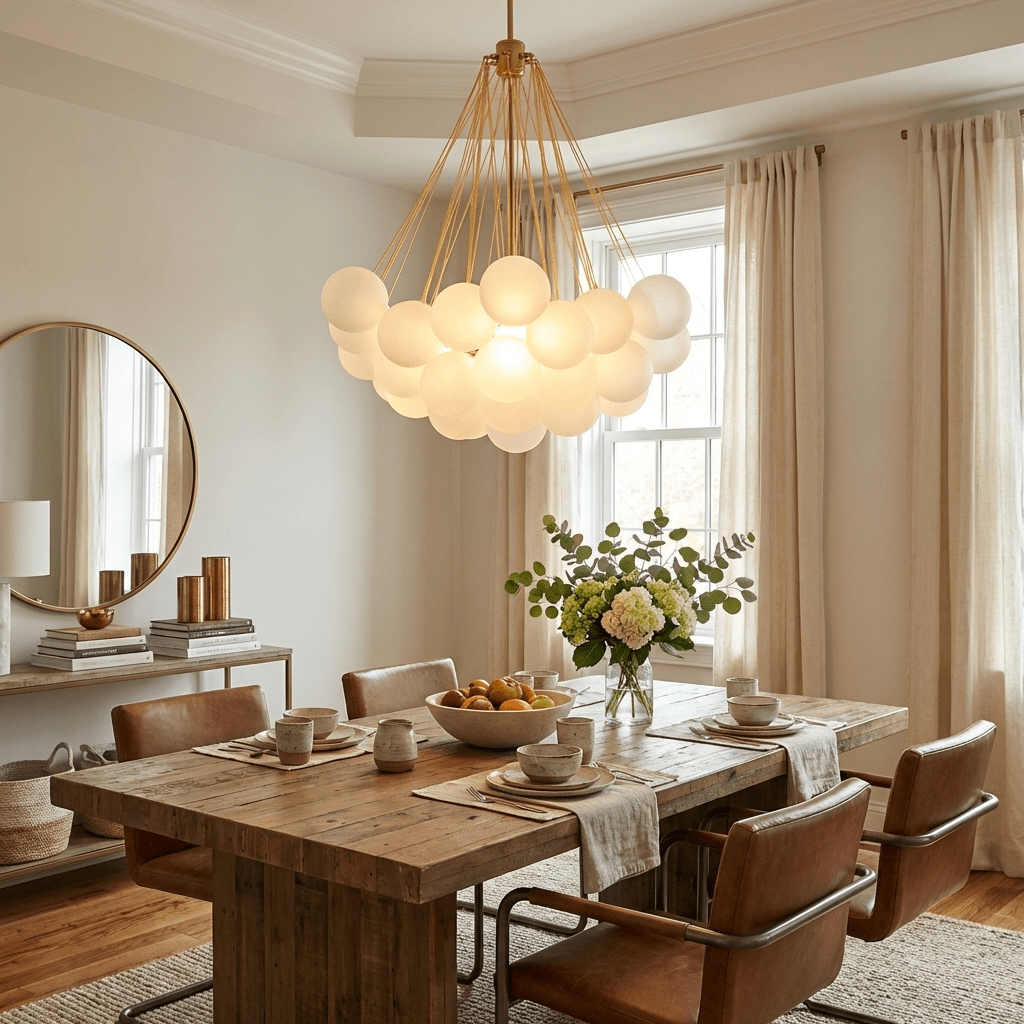 Bubble chandelier of frosted glass orbs glowing softly in a space