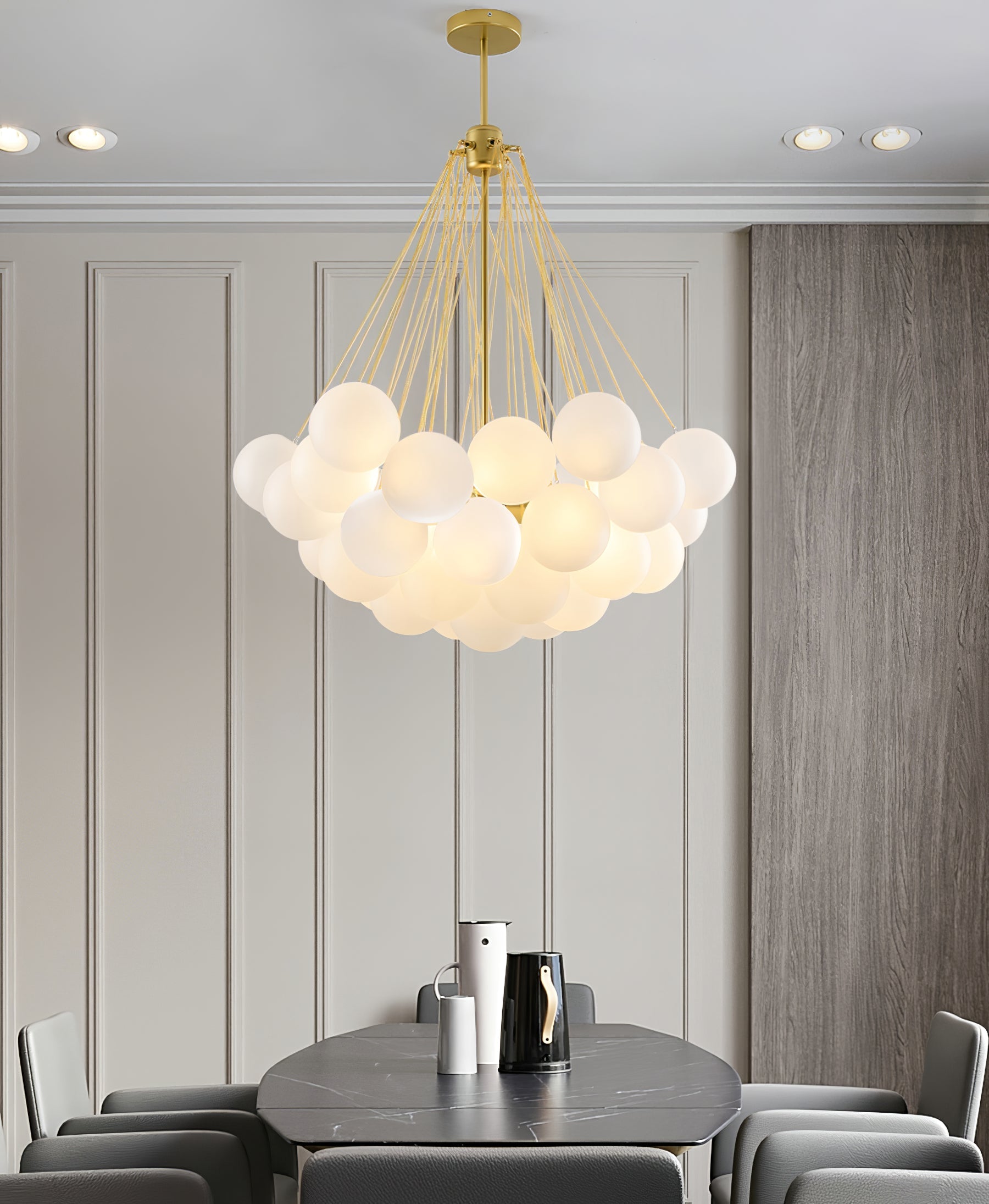 Boblekrone, håndmatte glasglobuser, guld eller sort, E27