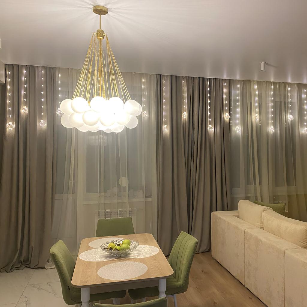 Frosted Glass Globe Bubble Chandelier, Gold, Black or Chrome, 19 to 73 Heads