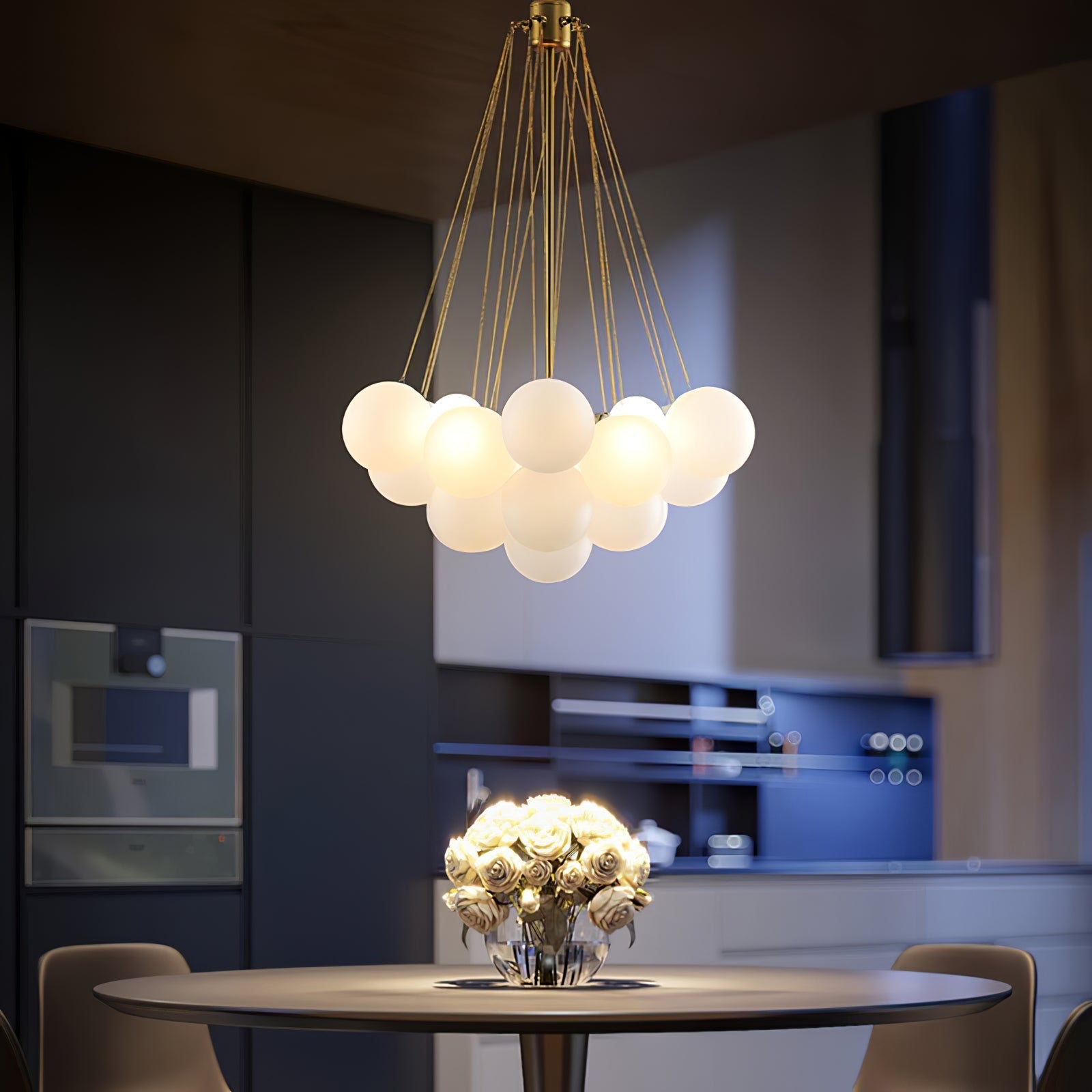 Frosted Glass Globe Bubble Chandelier, Gold, Black or Chrome, 19 to 73 Heads
