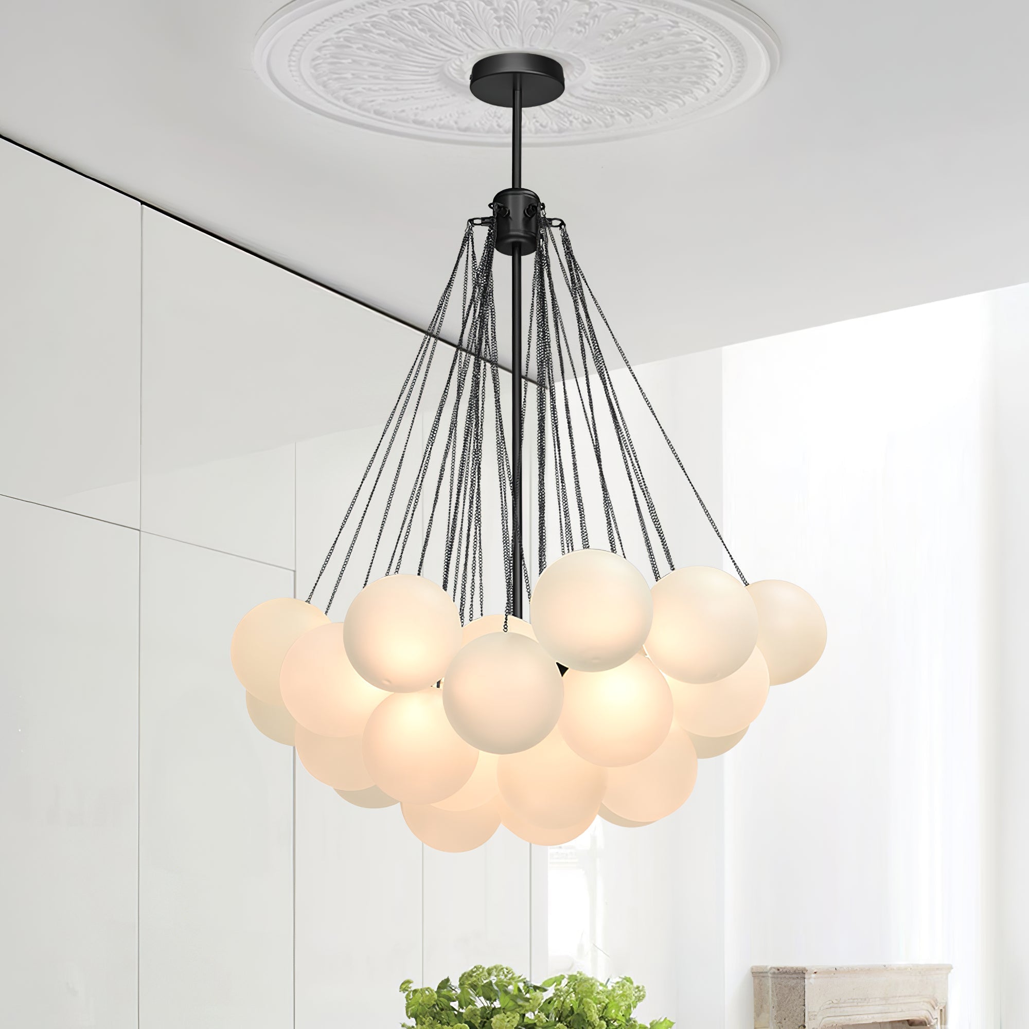 Frosted Glass Globe Bubble Chandelier, Gold, Black or Chrome, 19 to 73 Heads