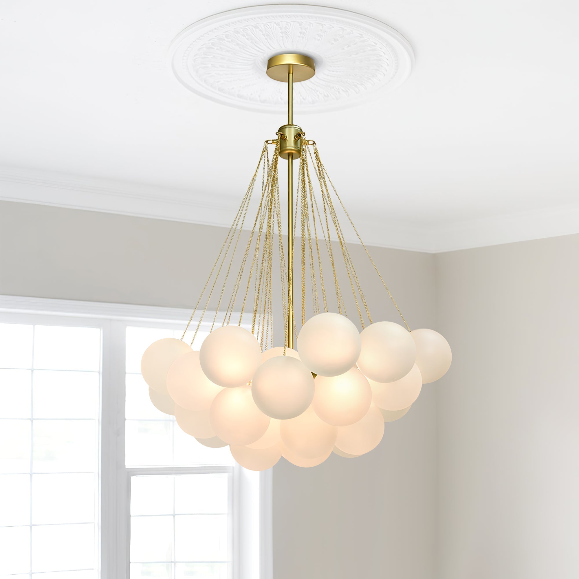 Frosted Glass Globe Bubble Chandelier, Gold, Black or Chrome, 19 to 73 Heads
