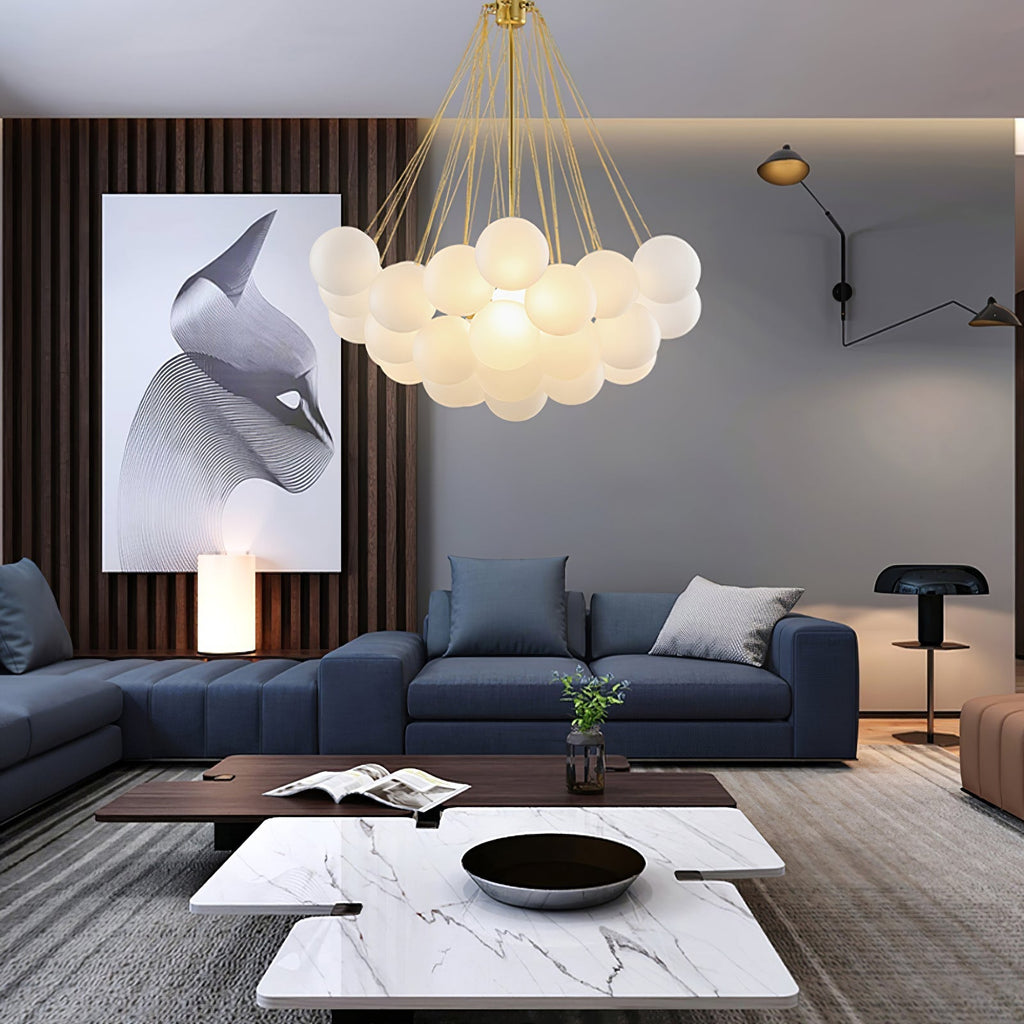 Frosted Glass Globe Bubble Chandelier, Gold, Black or Chrome, 19 to 73 Heads