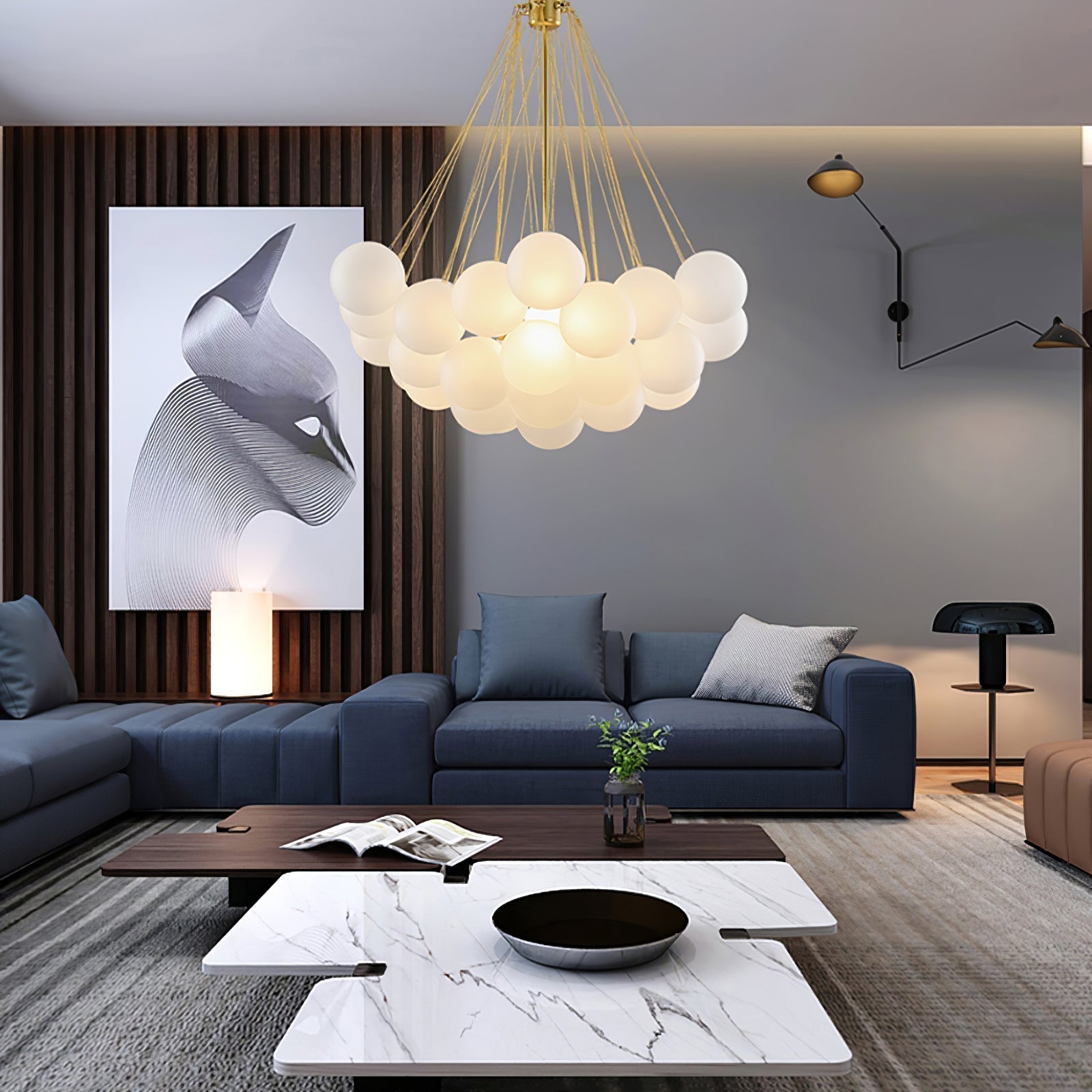 Frosted Glass Globe Bubble Chandelier, Gold, Black or Chrome, 19 to 73 Heads