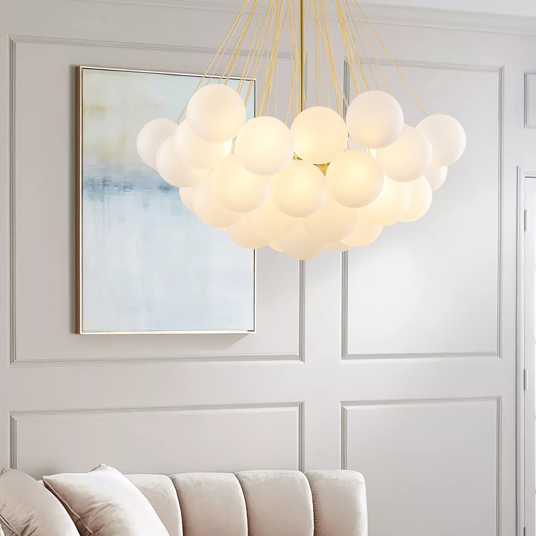 Frosted Glass Globe Bubble Chandelier, Gold, Black or Chrome, 19 to 73 Heads