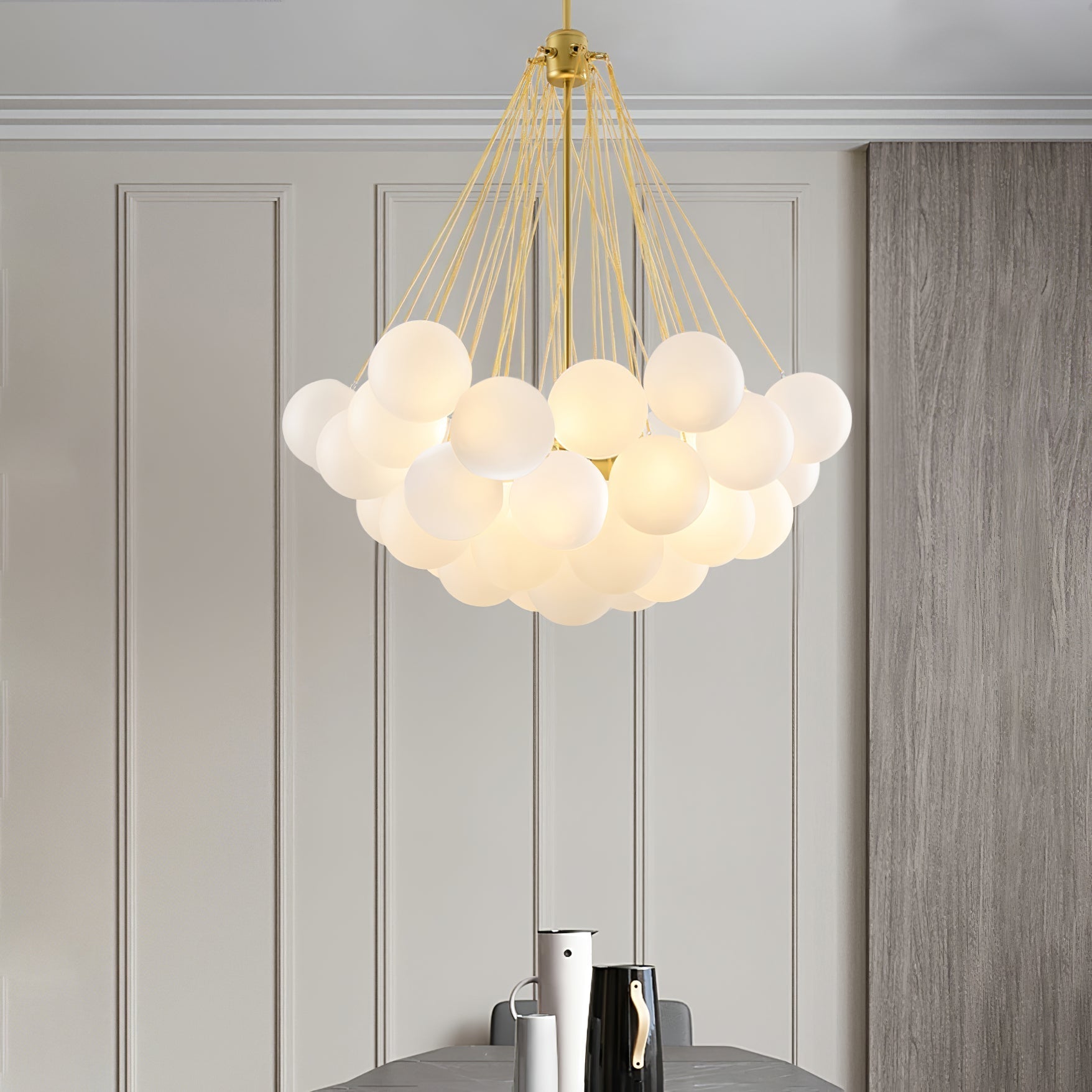Frosted Glass Globe Bubble Chandelier, Gold, Black or Chrome, 19 to 73 Heads