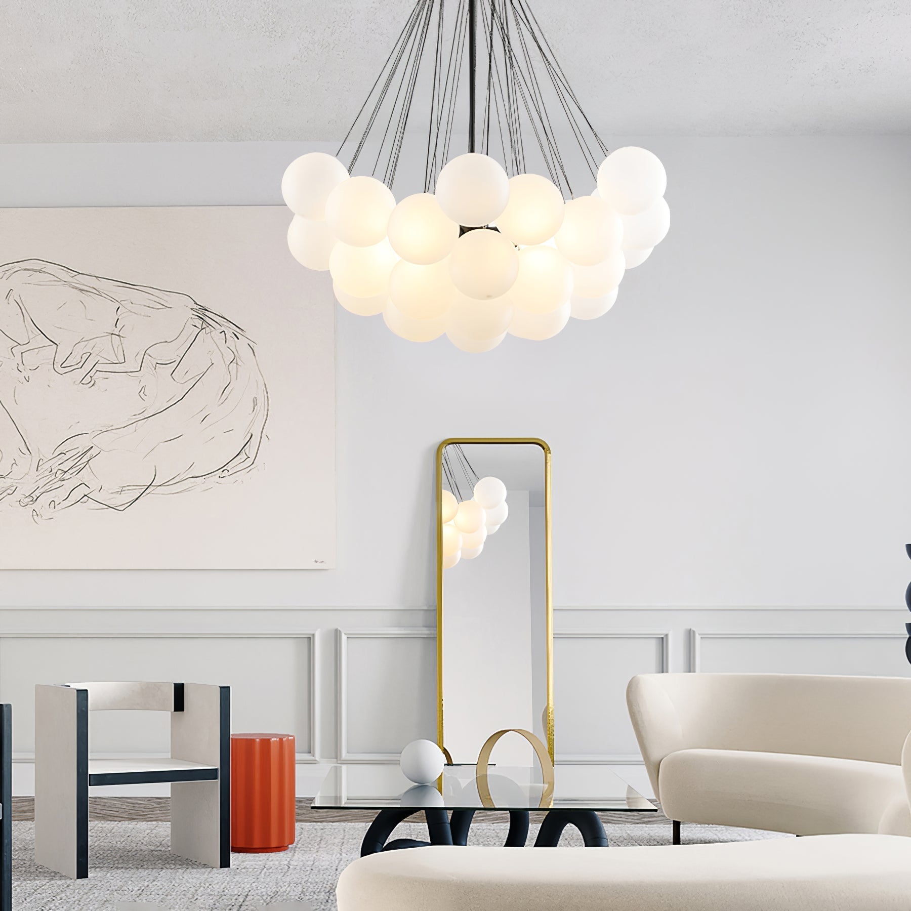 Frosted Glass Globe Bubble Chandelier, Gold, Black or Chrome, 19 to 73 Heads