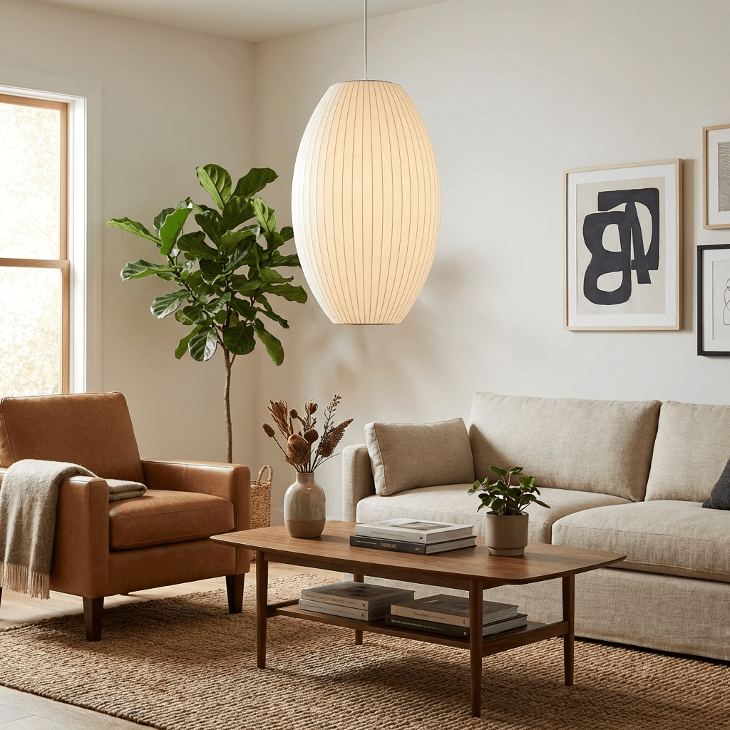Mulberry silk bubble pendant light glowing warmly from above
