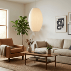 Mulberry silk bubble pendant light glowing warmly from above