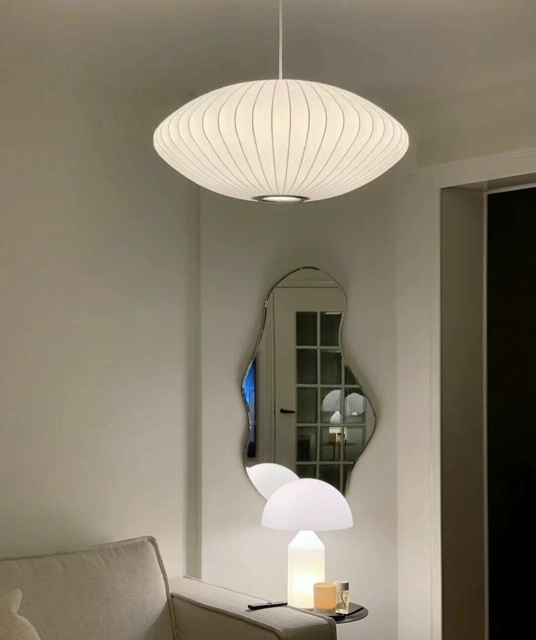 Pendant Light, Crisscross Bubble, Mulberry Silk, Steel Wireframe, E26