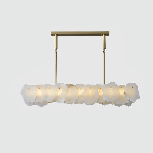 Long linear version of the Burton chandelier suspended from two adjustable brass rods