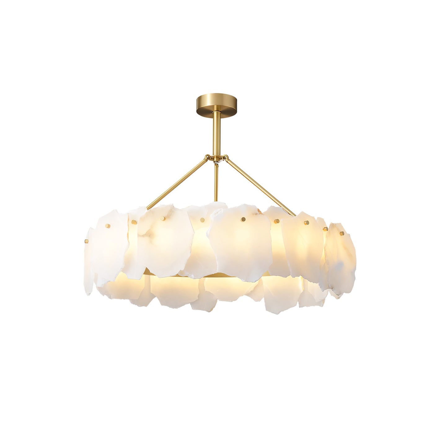 Three-quarter view of the round Burton chandelier, showing the depth of its two stone tiers