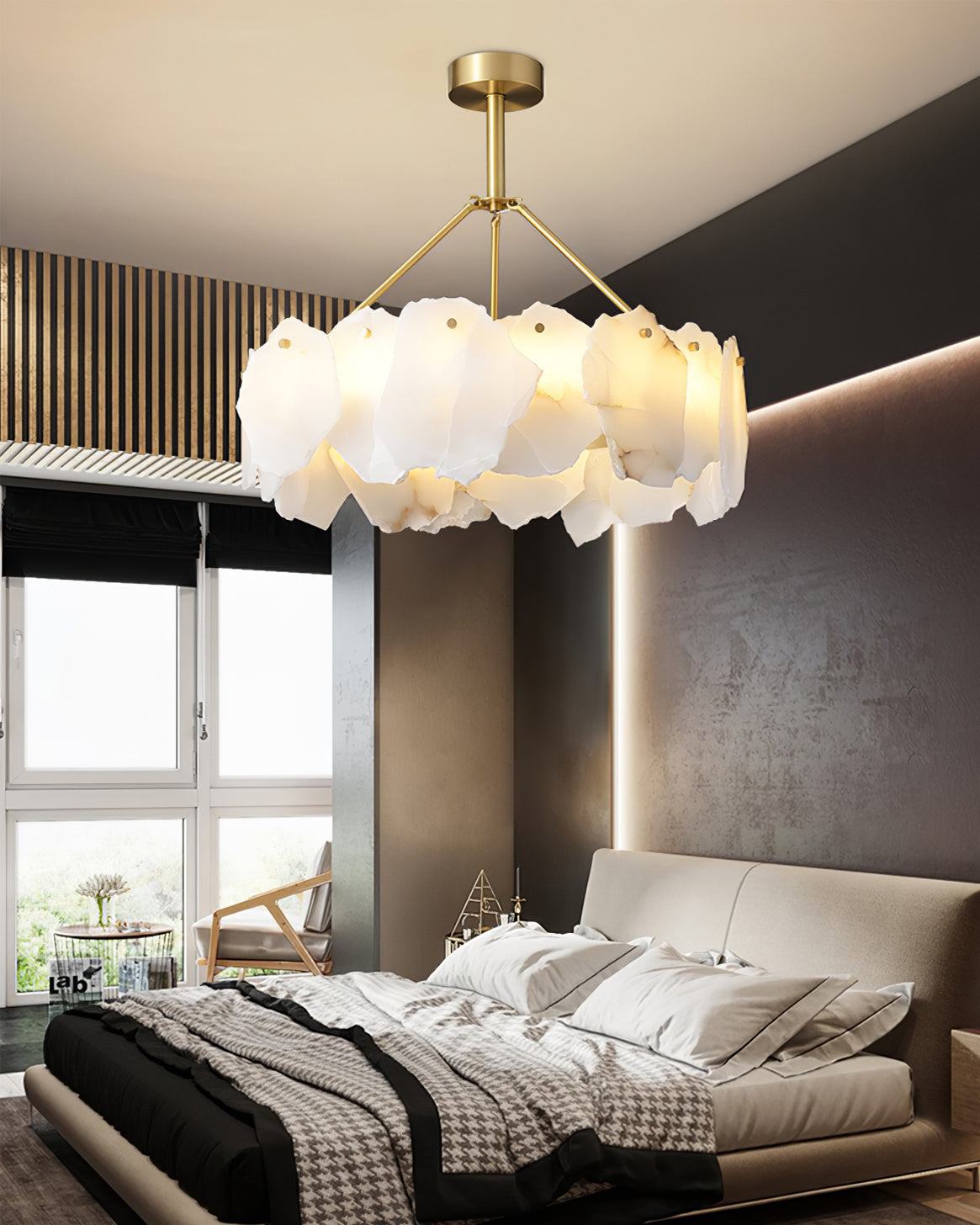 Burton chandelier hung over a bed in a bedroom with a slatted wood ceiling and tall windows