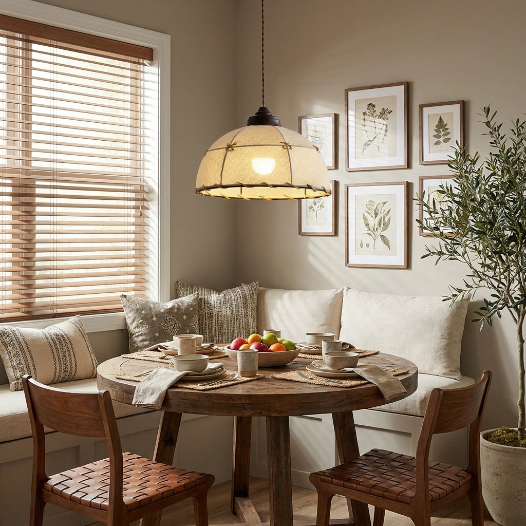 In a breakfast nook with a gallery wall and window blinds, this Clérachic pendant lights a round wood table.