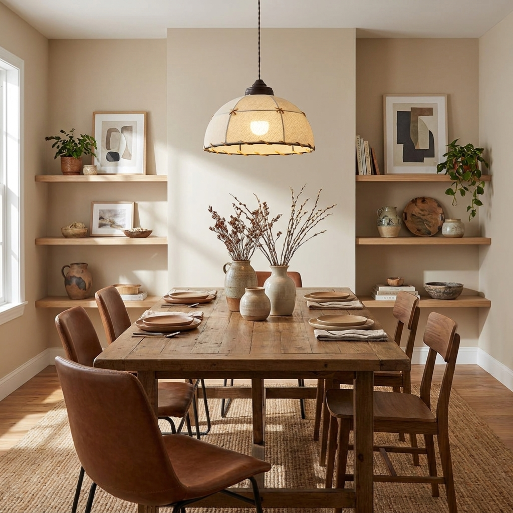 In a dining room with leather chairs and open shelving, this Clérachic pendant's quilted shade lights the wood table.