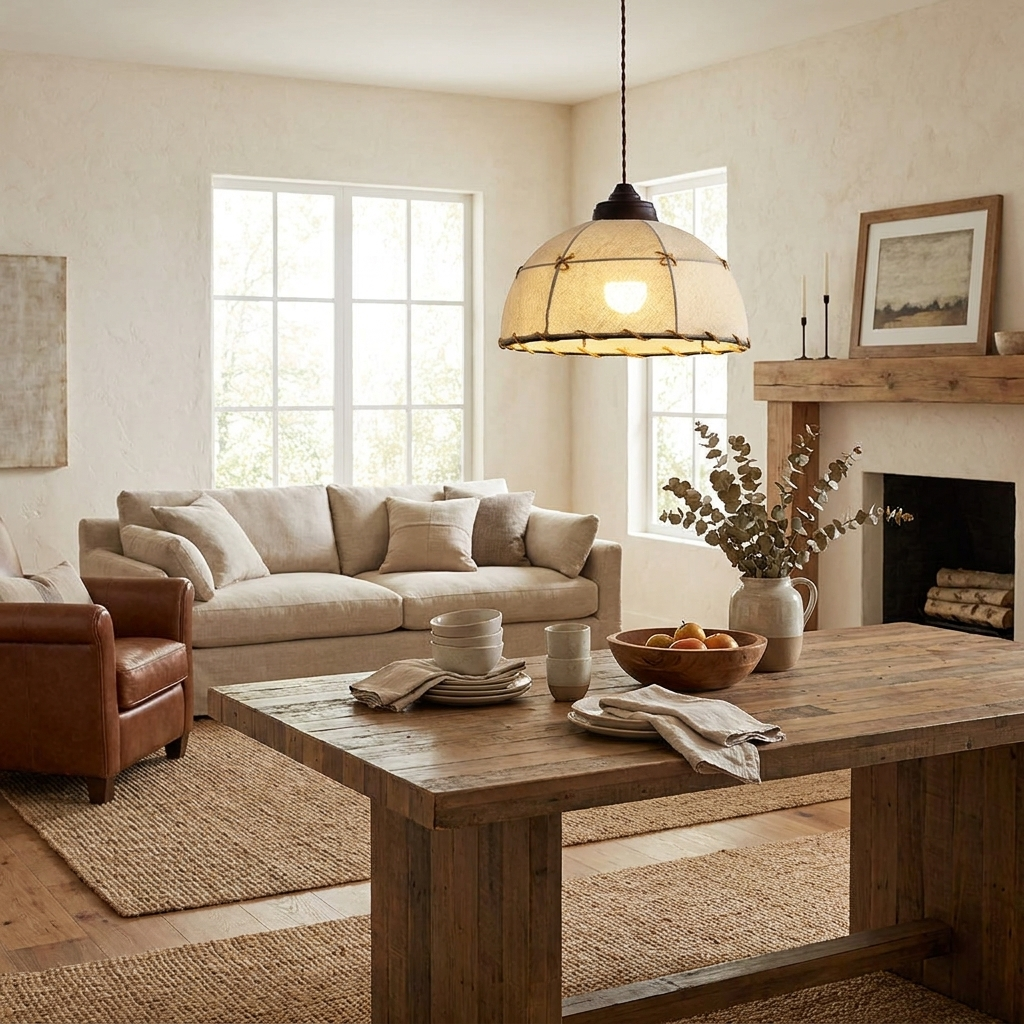Over a reclaimed-wood coffee table in a living room with a brown sofa, this Clérachic pendant's quilted shade glows warm.