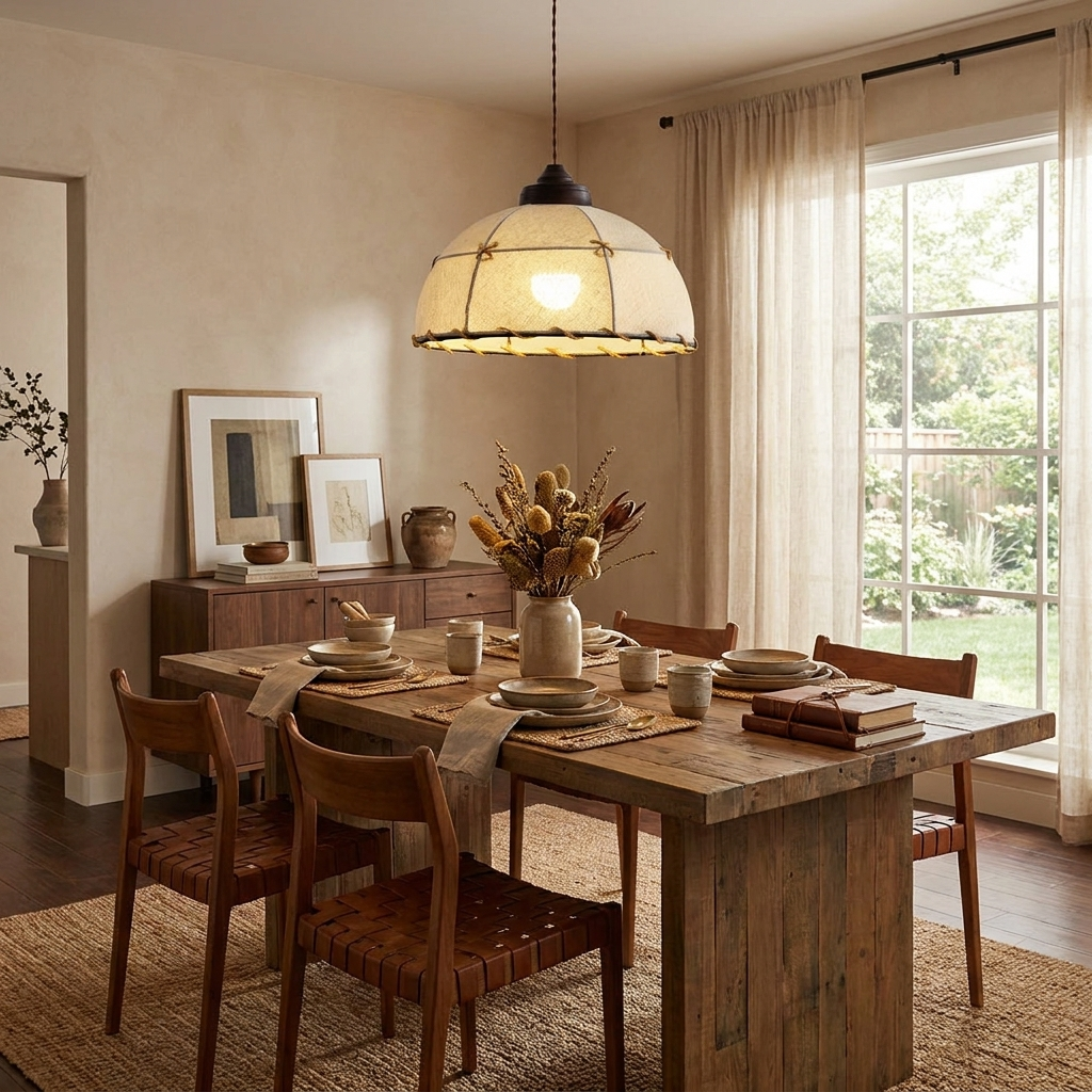 Between sheer curtains, this Clérachic pendant hangs lit above a wood dining table set for a meal.