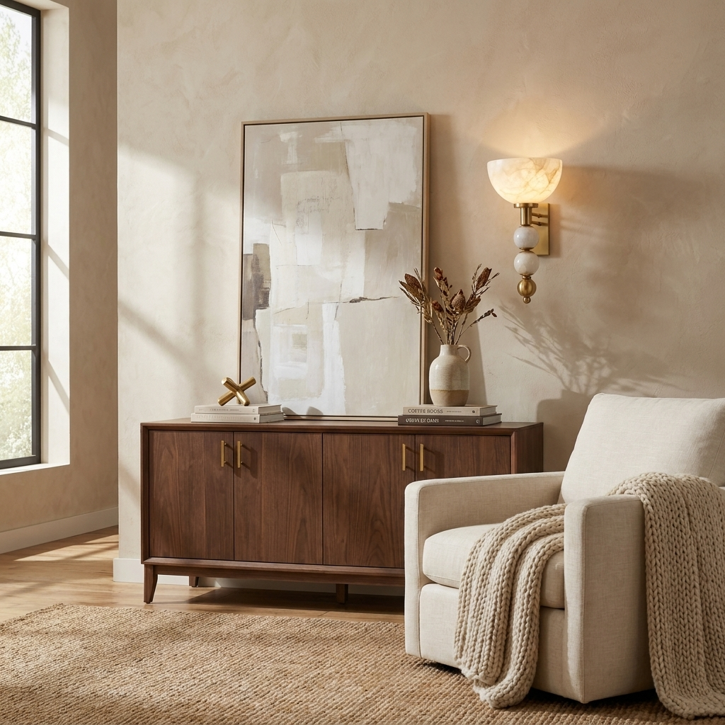 Beside an abstract framed print, this brass Clérachic sconce glows above a console with a throw-draped armchair.