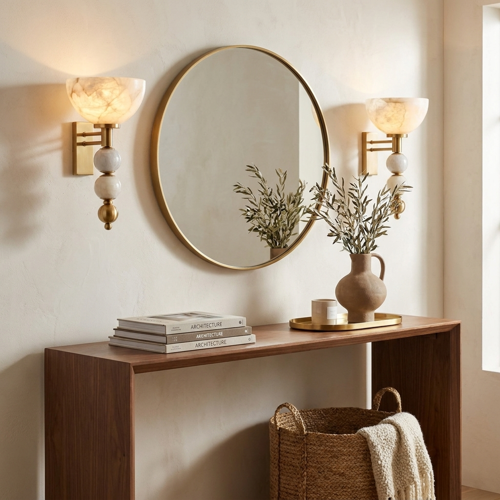 A pair of brass Clérachic sconces flank a round mirror above a walnut console topped with books and a vase.