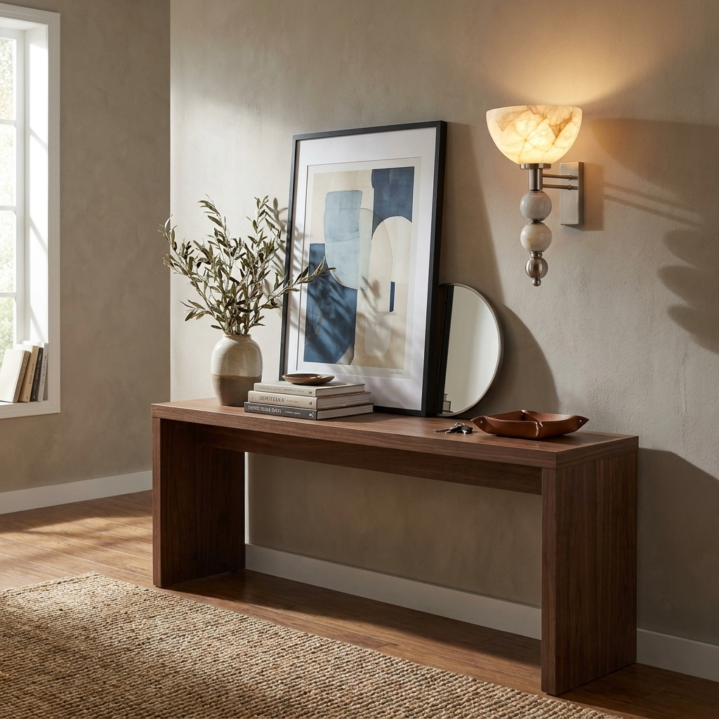 Beside framed artwork and a stoneware vase, this brass Clérachic sconce lights a plastered wall.