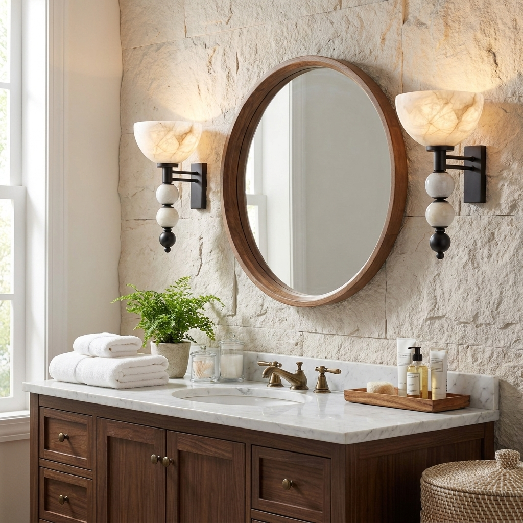 In matte black, a pair of these Clérachic sconces flanks a mirror above a stone-tiled bathroom vanity.