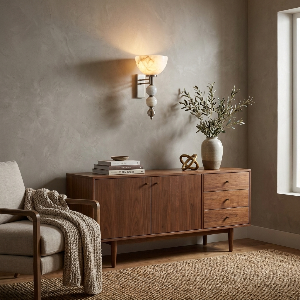 Lit beside a walnut sideboard and an upholstered armchair, this black Clérachic sconce warms a living room.