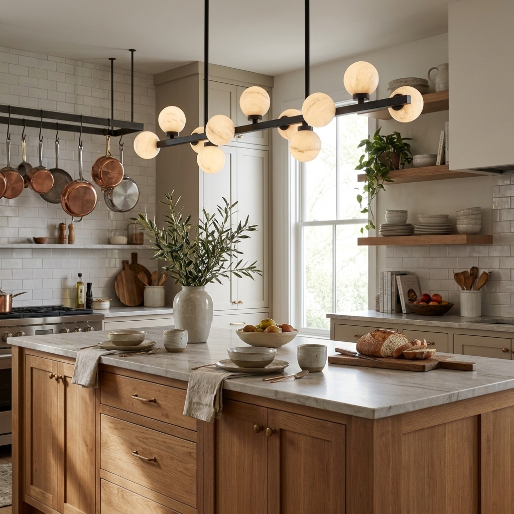 In a kitchen with hanging copper pots, the matte-black Clérachic chandelier glows above a marble island.