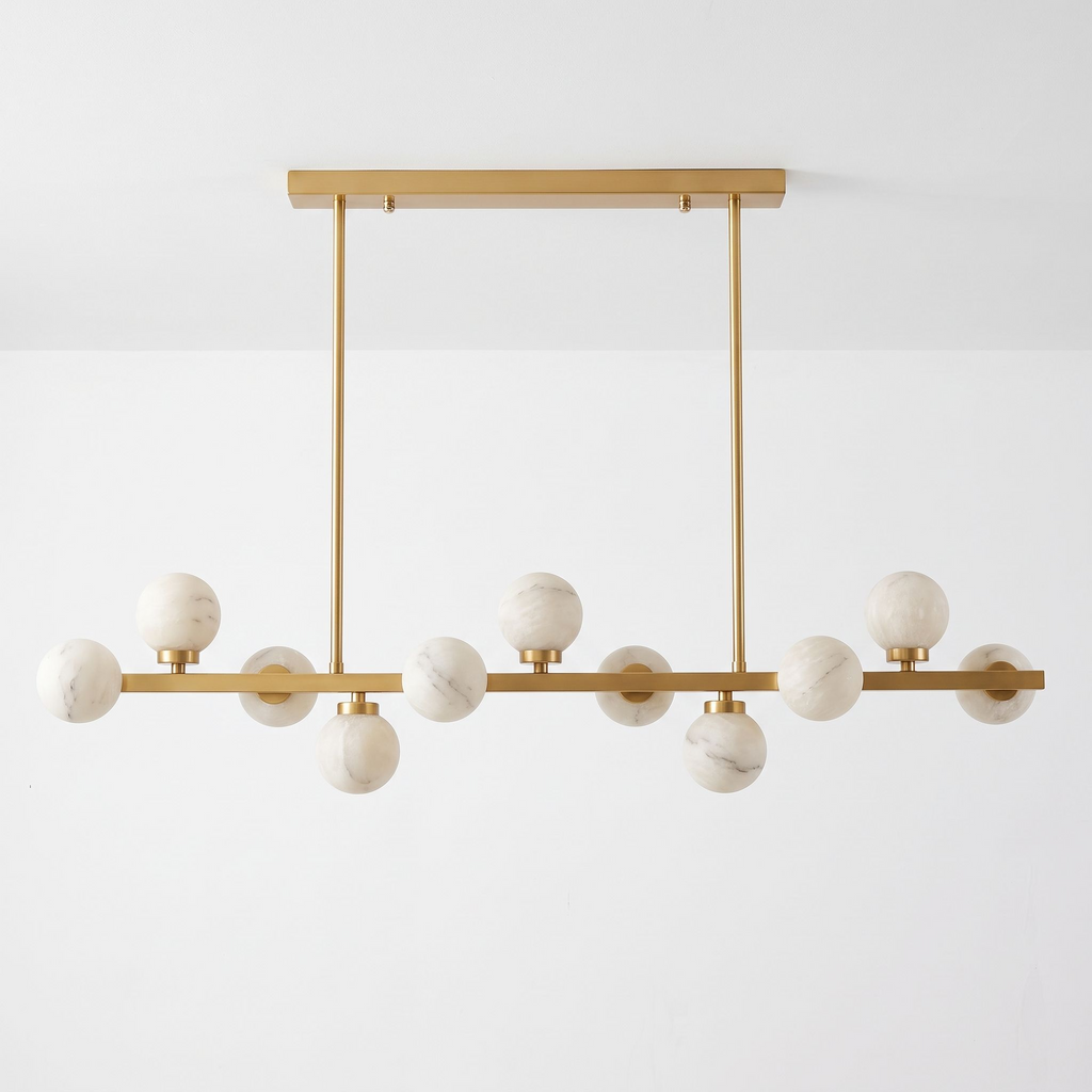 White-background view of this Clérachic chandelier in brushed brass, two rods suspending it from the canopy.