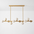 White-background view of this Clérachic chandelier in brushed brass, two rods suspending it from the canopy.