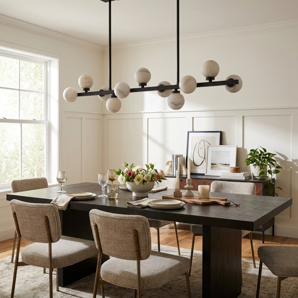 The matte-black Clérachic chandelier lights a dark wood table set with florals against cream wainscoting.