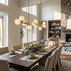 A brushed-brass Clérachic chandelier glows over a wood dining table beneath a high, open ceiling.