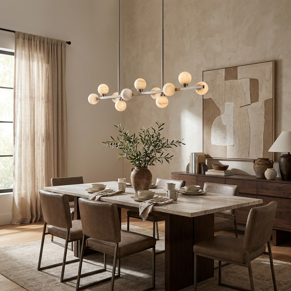 The brushed-nickel Clérachic chandelier glows over a dining table with olive branches and linen curtains.