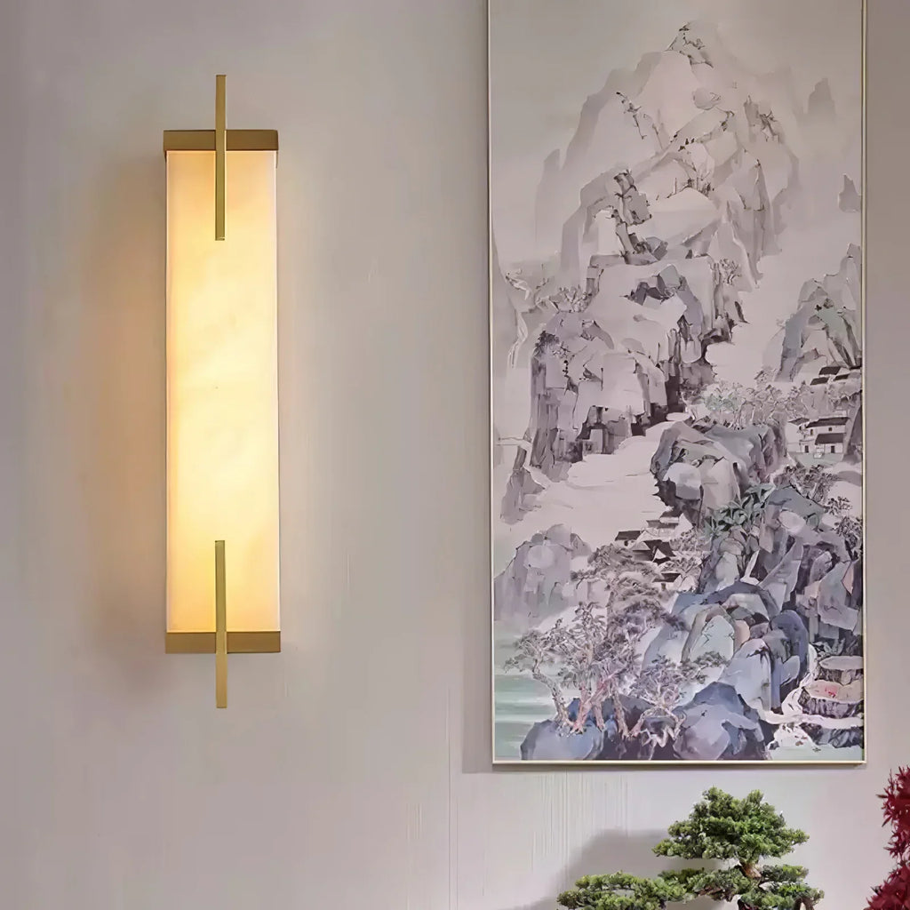 Zenith Wandleuchte in Schwarz und Gold, rechteckiger Alabaster-Schirm, fest verdrahtet