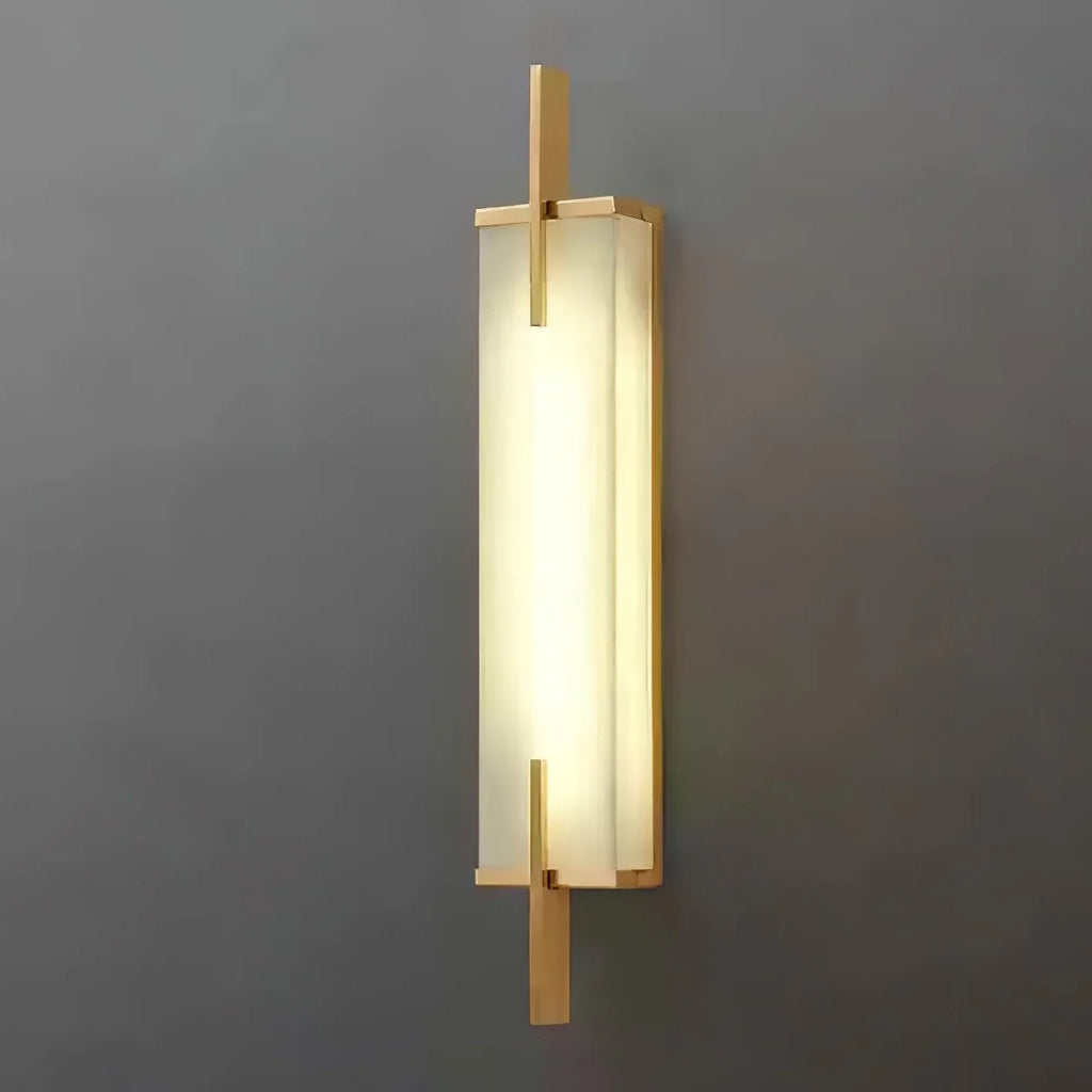 Zenith Wandleuchte in Schwarz und Gold, rechteckiger Alabaster-Schirm, fest verdrahtet