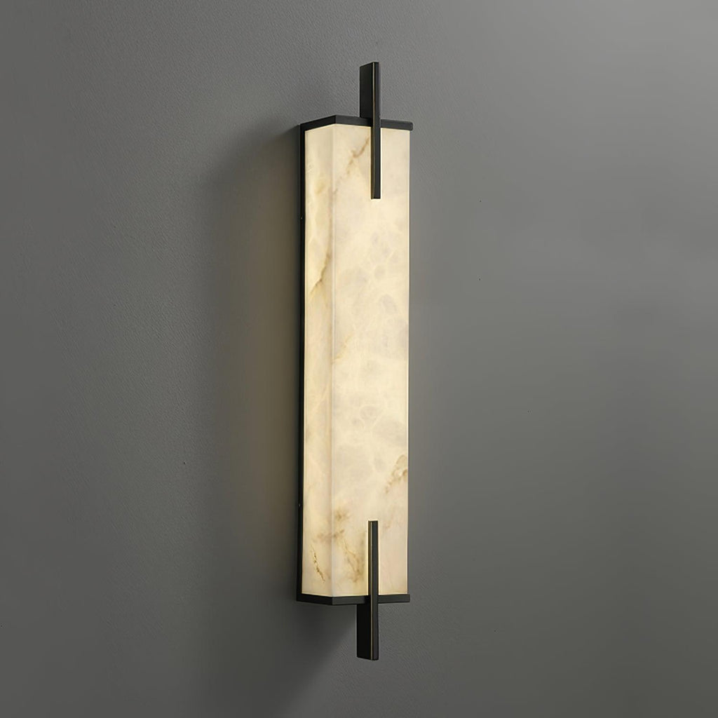 Zenith Wandleuchte in Schwarz und Gold, rechteckiger Alabaster-Schirm, fest verdrahtet