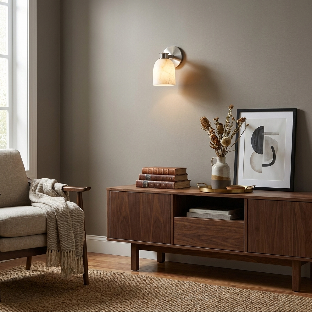 This Clérachic wall sconce in satin nickel finish lights a walnut sideboard in a warm-toned living room.