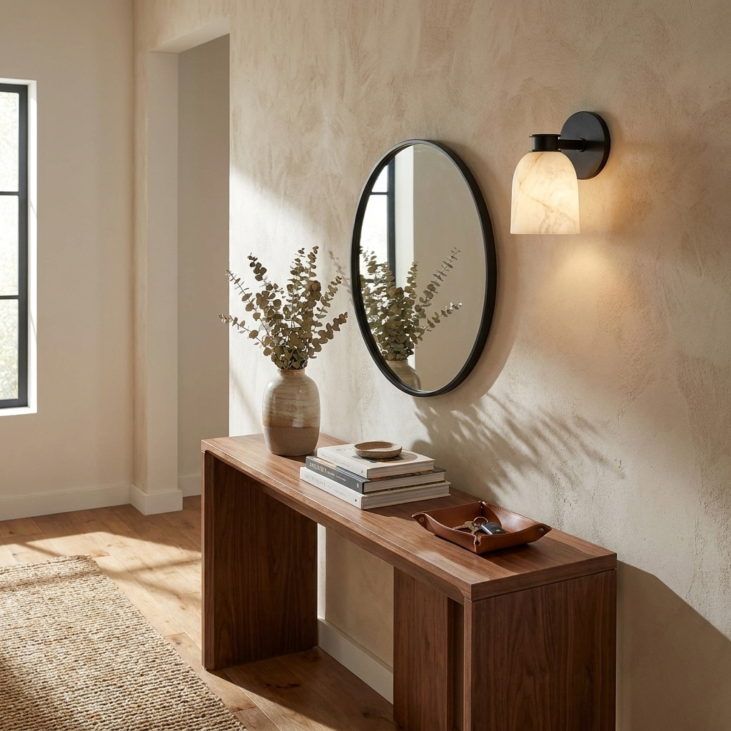 This Clérachic wall sconce in black finish hangs beside a round mirror above a walnut console table.