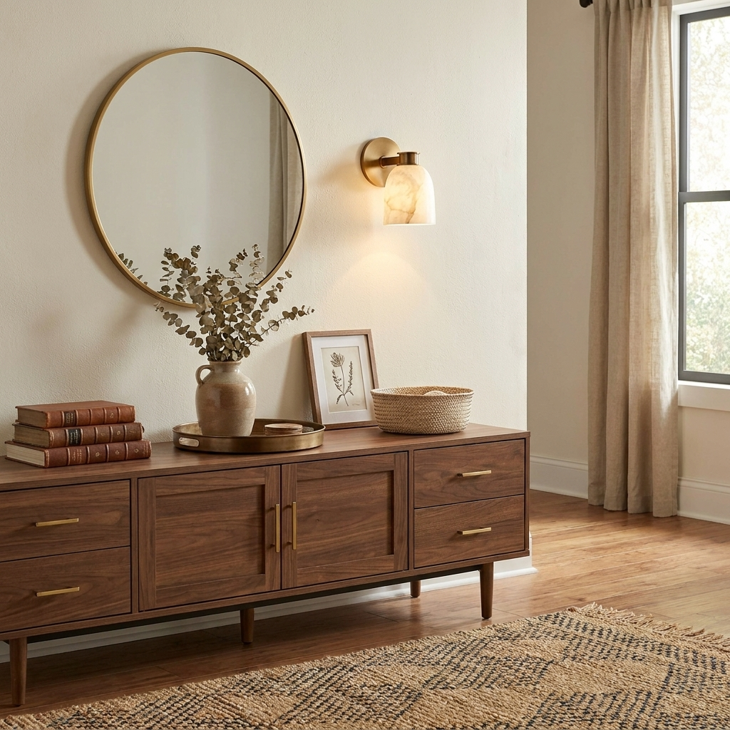 This Clérachic wall sconce in brass finish hangs beside a round mirror above a walnut sideboard with vases.