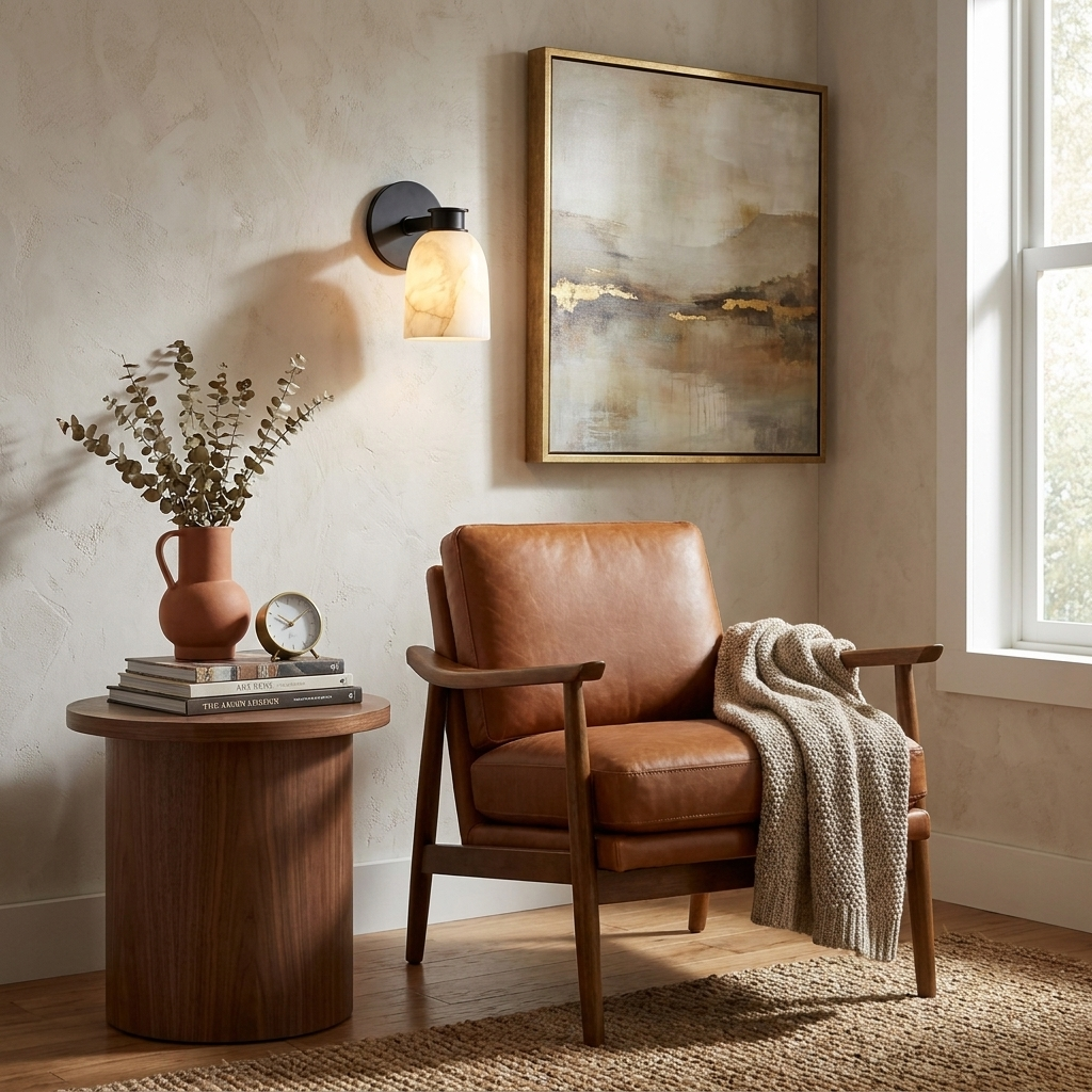 Beside a framed landscape painting, this Clérachic wall sconce in black finish lights a leather armchair below.