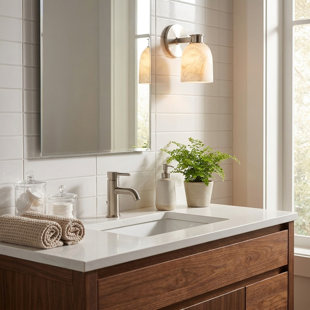 This Clérachic wall sconce in satin nickel finish is lit above a bathroom vanity with a mirror and folded towels.