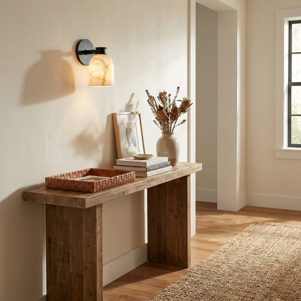 In a hallway, this Clérachic wall sconce in black finish lights a reclaimed-wood console table below.