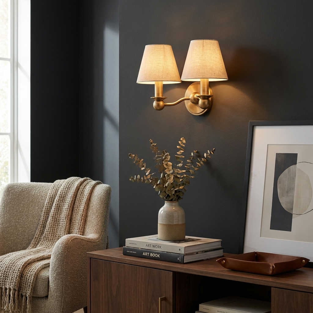 Lit in brushed brass, this Clérachic wall sconce glows above a console with a woven vase and stacked books.