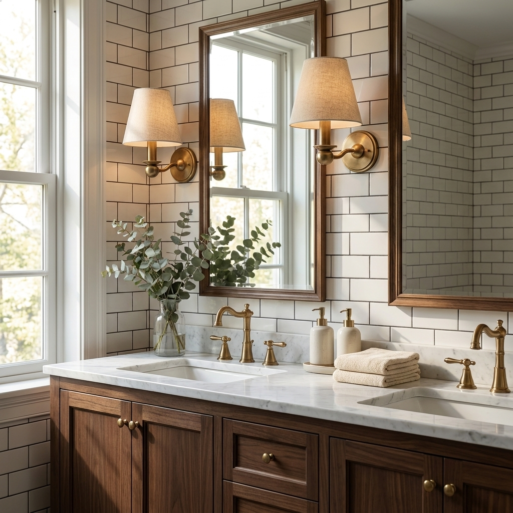 Two brushed brass Clérachic wall sconces flank the mirror above a marble vanity with subway-tile walls.